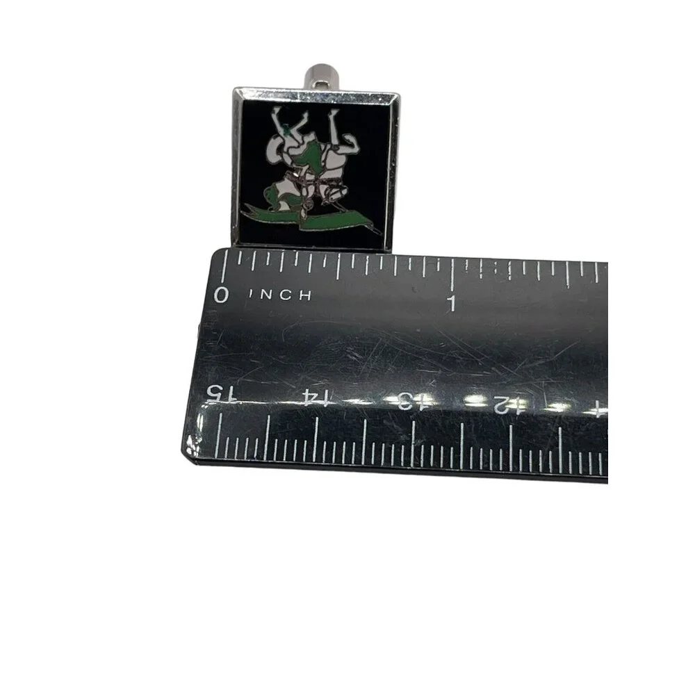 VTG Cufflinks Knight on White horse with Green flag in Silver tone‎ Hallmarked